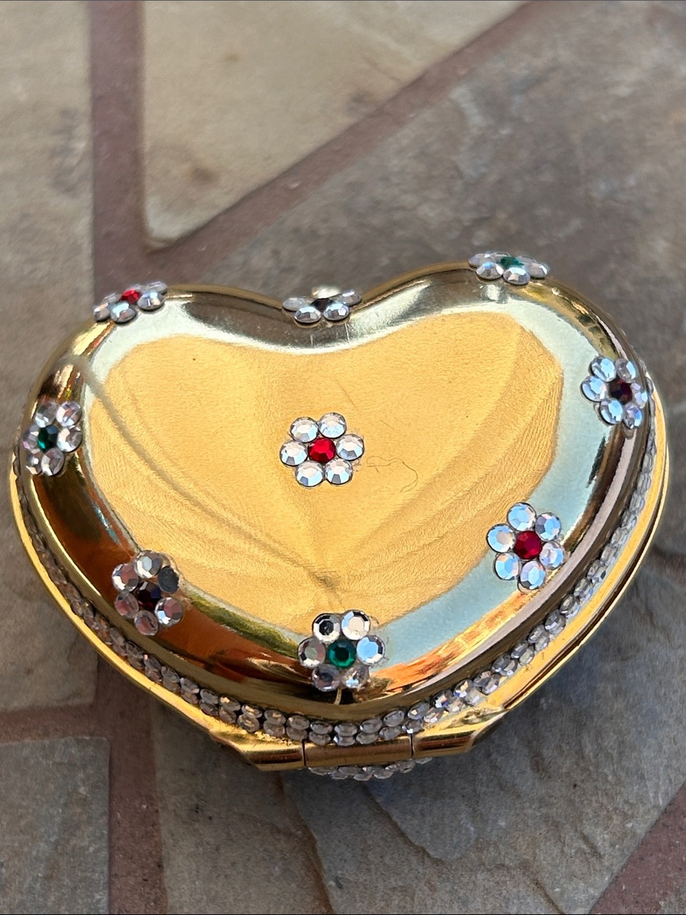 Judith Leiber puffy gold plated heart shaped crystal pill trinket box